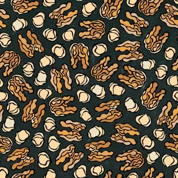 Black Board. Hazelnut and Walnut Seamless Endless Pattern. Whole Peeled Hazelnut Stock Illustration