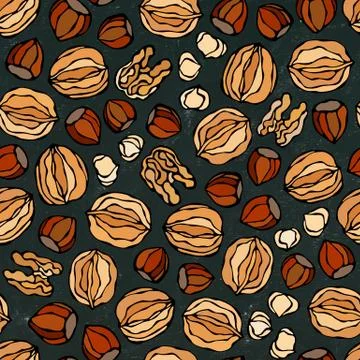 Black Board. Hazelnut and Walnut Seamless Endless Pattern. Whole and Peeled Illustrazione stock