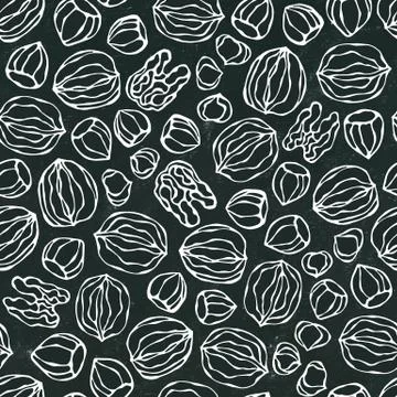 Black Board. Hazelnut and Walnut Seamless Endless Pattern. Whole and Peeled Stock Illustration