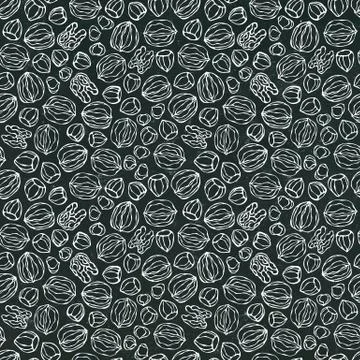 Black Board. Hazelnut and Walnut Seamless Endless Pattern. Whole and Peeled Illustrazione stock