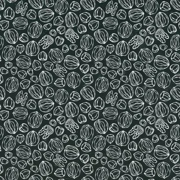 Black Board. Hazelnut and Walnut Seamless Endless Pattern. Whole and Peeled Stock Illustration