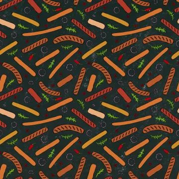 Black Board. Seamless Endless Background Pattern of Different Sausages. Food  Stock Illustration