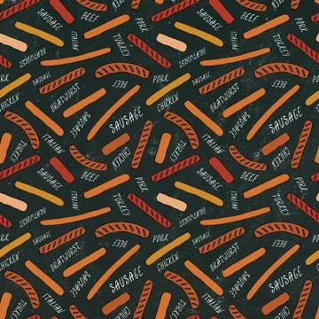 Black Board. Seamless Endless Background Pattern of Different Sausages. Food  Stock Illustration