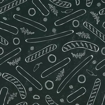 Black Board. Seamless Endless Background Pattern of Different Sausages. Food  Stock Illustration