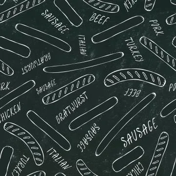Black Board. Seamless Endless Background Pattern of Different Sausages. Food  Stock Illustration