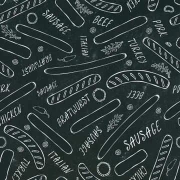 Black Board. Seamless Endless Background Pattern of Different Sausages. Food  Stock Illustration