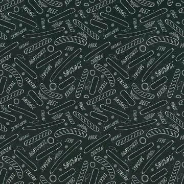 Black Board. Seamless Endless Background Pattern of Different Sausages. Food  Stock Illustration