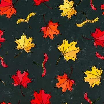 Black Board. Seamless Endless Pattern of Maple Leaves and Seeds Red,, Orange  Illustrazione stock