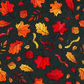 Black Board. Seamless Endless Pattern of Autumn Leaves. Maple Rowan, Oak, Haw Stock Illustration