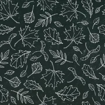 Black Board. Seamless Endless Pattern of Autumn Leaves. Maple Rowan, Oak, Haw 스톡 일러스트