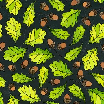 Black Board. Seamless Endless Pattern of Oak Leaves and Acorns. Green and Yel Stock Illustration