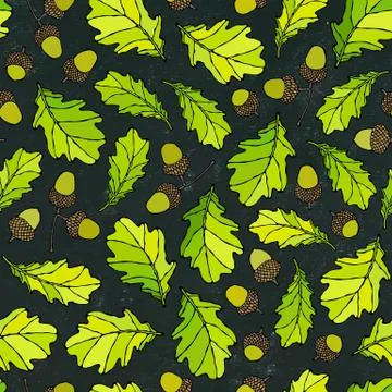Black Board. Seamless Endless Pattern of Oak Leaves and Acorns. Green and Yel Stock Illustration