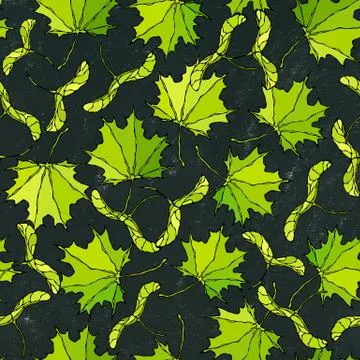 Black Board. Seamless Endless Pattern of Green Maple Leaves and Seeds. Autumn Stock Illustration