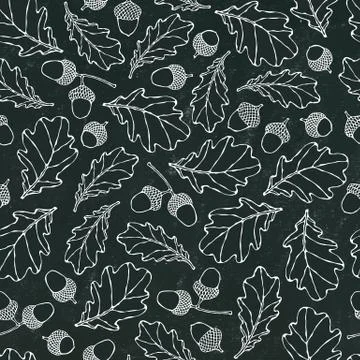 Black Board. Seamless Endless Pattern of Oak Leaves and Acorns. Red, Orange a Illustrazione stock