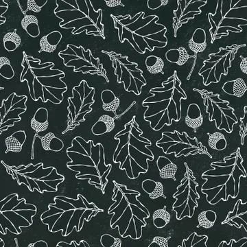 Black Board. Seamless Endless Pattern of Oak Leaves and Acorns. Red, Orange a Illustrazione stock
