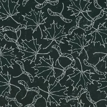 Black Board. Seamless Endless Pattern of Green Maple Leaves and Seeds. Autumn Stock Illustration