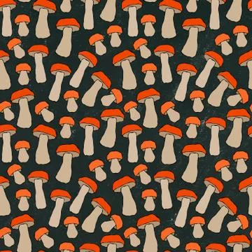 Black Board. Seamless Endless Red or Orange Aspen Mushrooms Pattern. Autumn o Stock Illustration