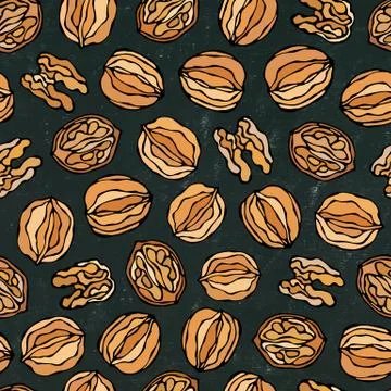 Black Board. Walnut Seamless Endless Pattern. Whole and Peeled Walnuts. Autum Illustrazione stock