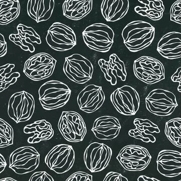Black Board. Walnut Seamless Endless Pattern. Whole and Peeled Walnuts. Autumn Illustrazione stock