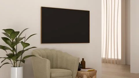 Black board on white wall over fabric scalloped accent sofa chair with wood.. Stock Illustration