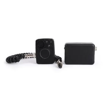 Black body camera, spiral cable and Power bank. Officer body cam Foto stock