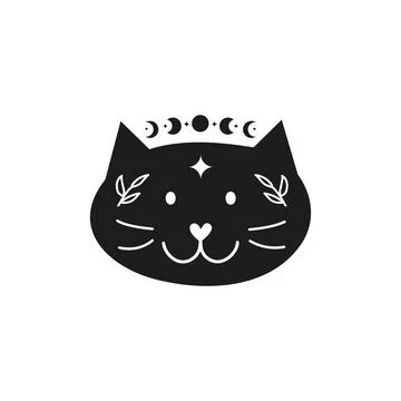 Black boho cat character with moon, leafy branches, stars. Stock-Illustration