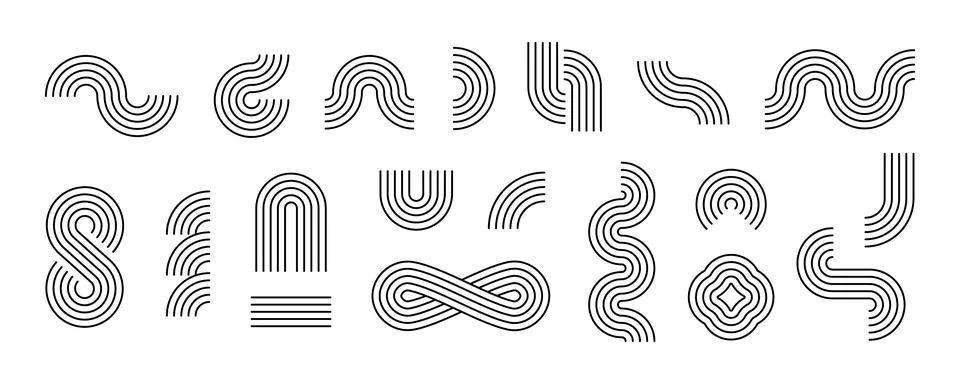 Black boho geometric shape set. Mid century curves, waves and arches collection イラスト素材