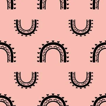 Black Boho rainbows vector repeat pattern on pink background Stock Illustration