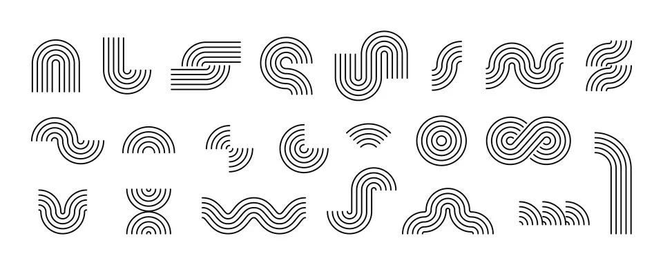Black boho style geometric shape set. Mid century curves, waves and arches Stock Illustration