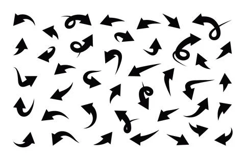 Black bold Arrows hand drawn set. Collection of doodle pointer in different d Stock Illustration