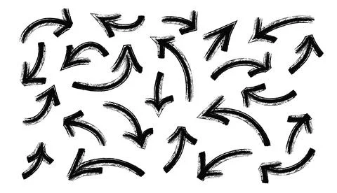 Black bold marker hand drawn arrows set. Collection of doodle thick pointer.. Stock Illustration
