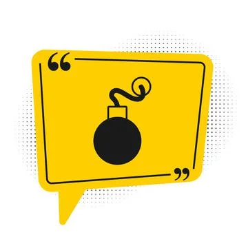 Black Bomb ready to explode icon isolated on white background. Yellow speech  库存插图