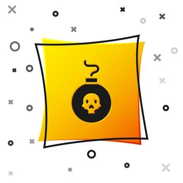 Black Bomb ready to explode icon isolated on white background. Yellow square Stock Illustration