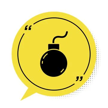 Black Bomb ready to explode icon isolated on white background. Yellow speech  Stock Illustration