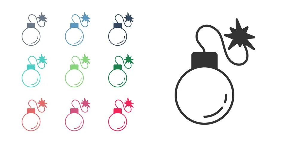 Black Bomb ready to explode icon isolated on white background. Set icons 库存插图