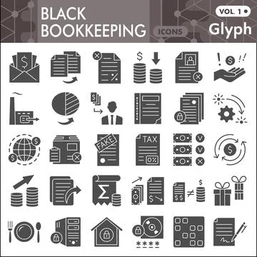 Black bookkeeping solid icon set, Financial management symbols collection or イラスト素材