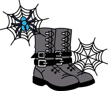 Black boot pair rests near spiderwebs Stock Illustration