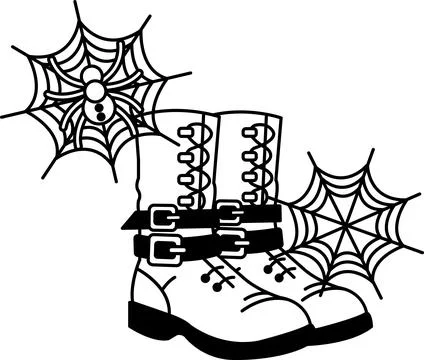 Black boot pair rests near spiderwebs Illustrazione stock