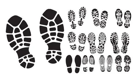 Black boot prints and shoe sole tracks silhouette set isolated on white Stockillustratie