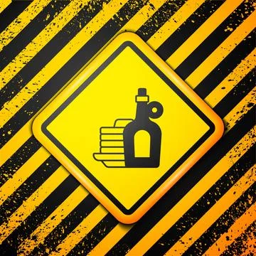 Black Bottle of maple syrup with stack of pancakes icon isolated on yellow .. Illustrazione stock