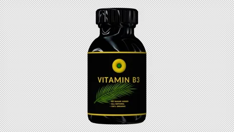 Black bottle of Vitamin B3 capsules, Pills, Alpha Channel, Looped, 3D Render Stock Footage 271396972