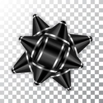 Black bow ribbon 3d decor element package. Shiny silver template gift present Stock Illustration