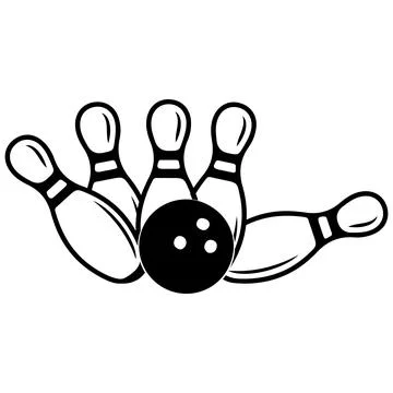 A black bowling ball is shown in front of five bowling pins. 库存插图