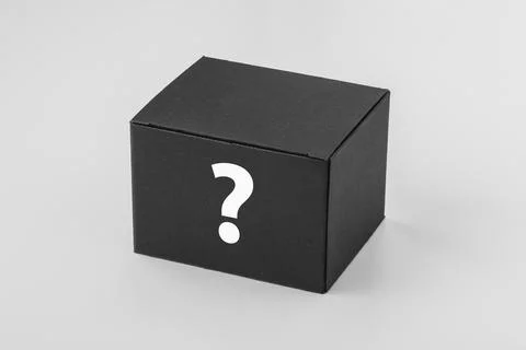 Black box mockup with question mark. Packaging design Brand identity concept Stock Photos