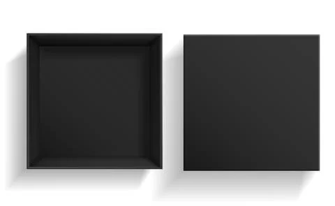 Black Box. Open and closed gift presentation boxes top view. Empty cardboard 3d Stock Illustration