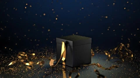 The black box opens magically as the gold bow unravels and falls, surrounde.. 스톡 동영상 297177768