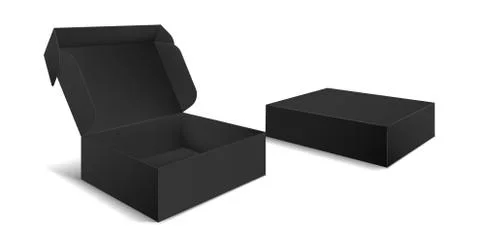 Black box packaging. Side view open and closed gift blank boxes. Empty cardboard Stock Illustration