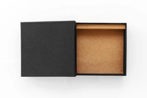 Black box product packaging opened with lid on white background Stock Photos