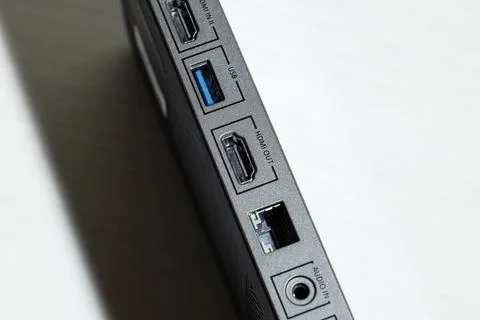 Black box technological device with connection port for HDMI on white backgro Stock Photos