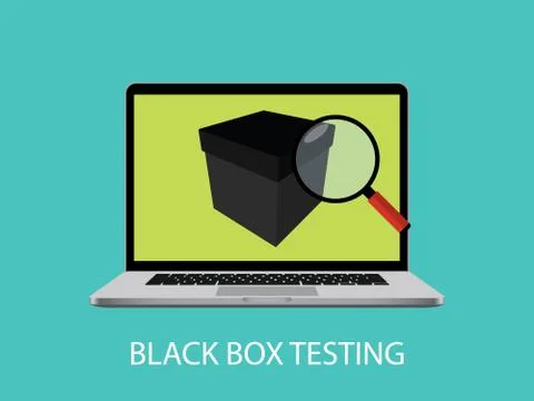Black box testing concept with laptop notebook and magnifying glass vector Illustrazione stock